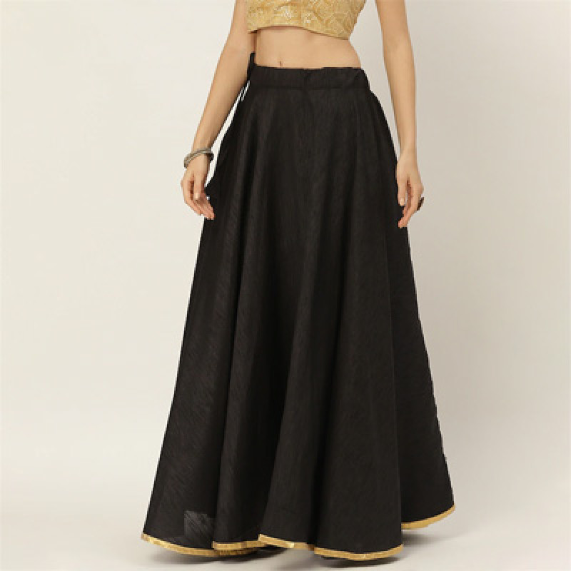 Women Black Solid Full Flare Double Lehenga Skirt