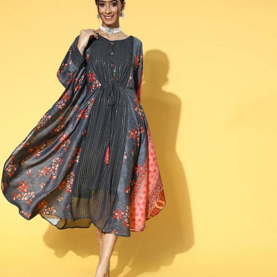 Women Charcoal Muslin Striped & Printed Dress