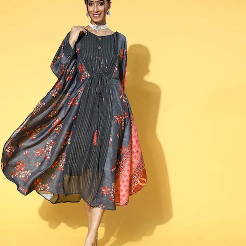 Women Charcoal Muslin Striped & Printed Dress