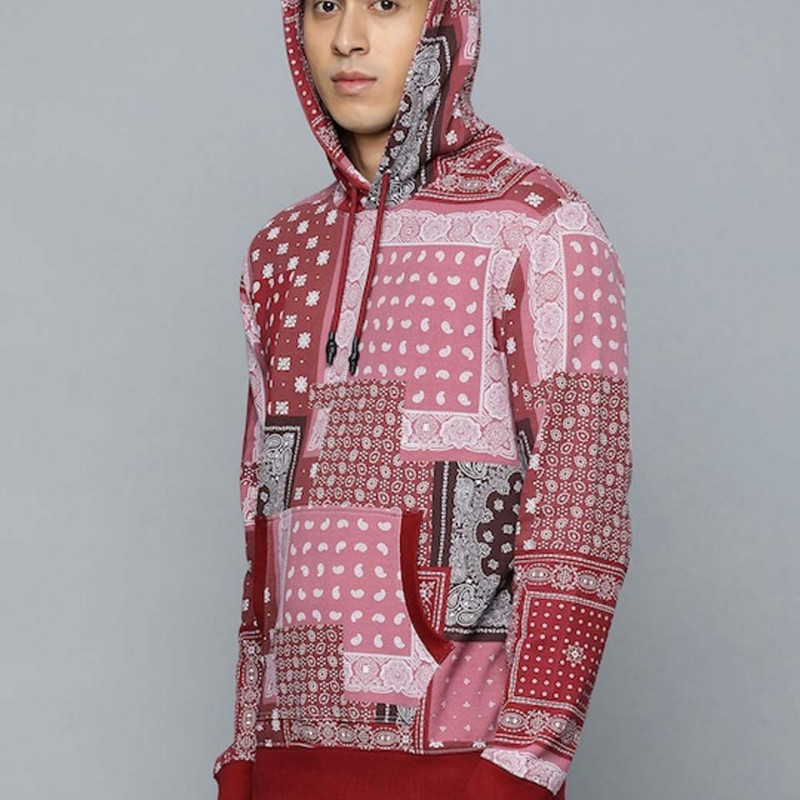 Men Red & Pink Printed Pure Cotton Hooded Sweatshirt