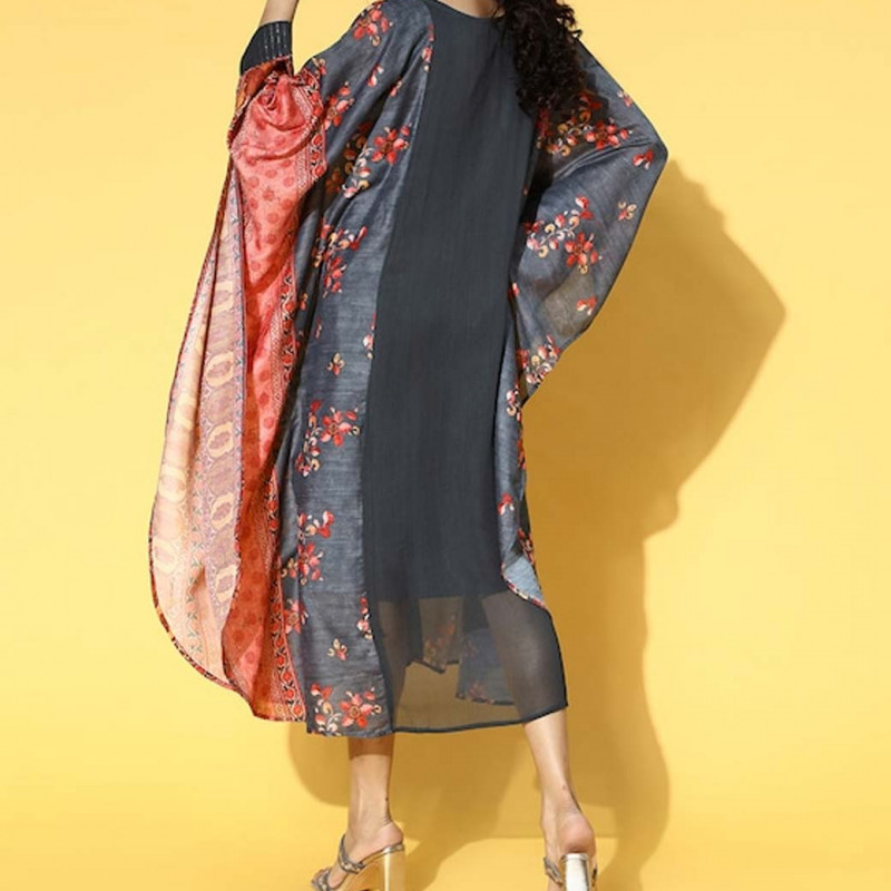 Women Charcoal Muslin Striped & Printed Dress